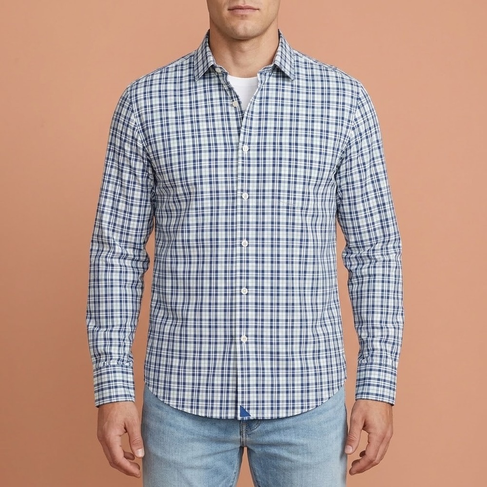UNTUCKit Macul Plaid Button Down Shirt Mens L Blue Green Nylon‎ Blend EUC
